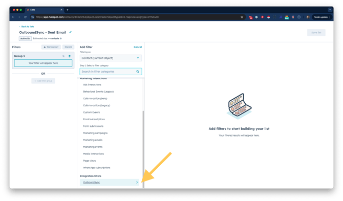 OutboundSync - Sent Email Contact List highlighting the OutboundSync integration filter.